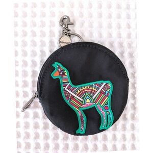 Sakroots Llama Zip Coin Pouch Keychain Black Round Wallet Boho Cute